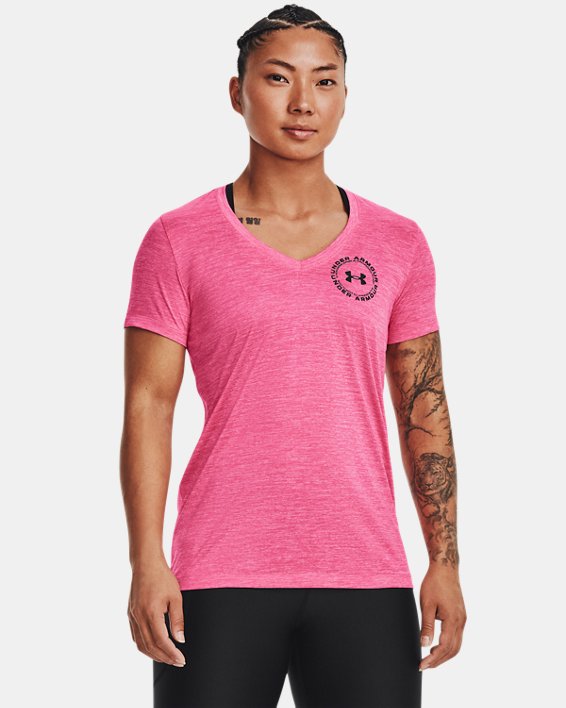 Women's UA Tech™ Twist Crest Short Sleeve, Pink, pdpMainDesktop image number 0
